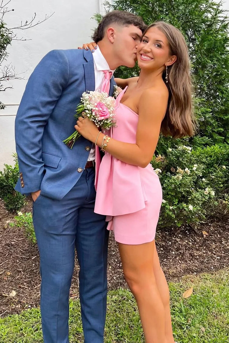 Pink Satin Fitted Irregular Strapless Short Homecoming Dress