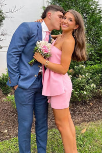 Pink Satin Fitted Irregular Strapless Short Homecoming Dress