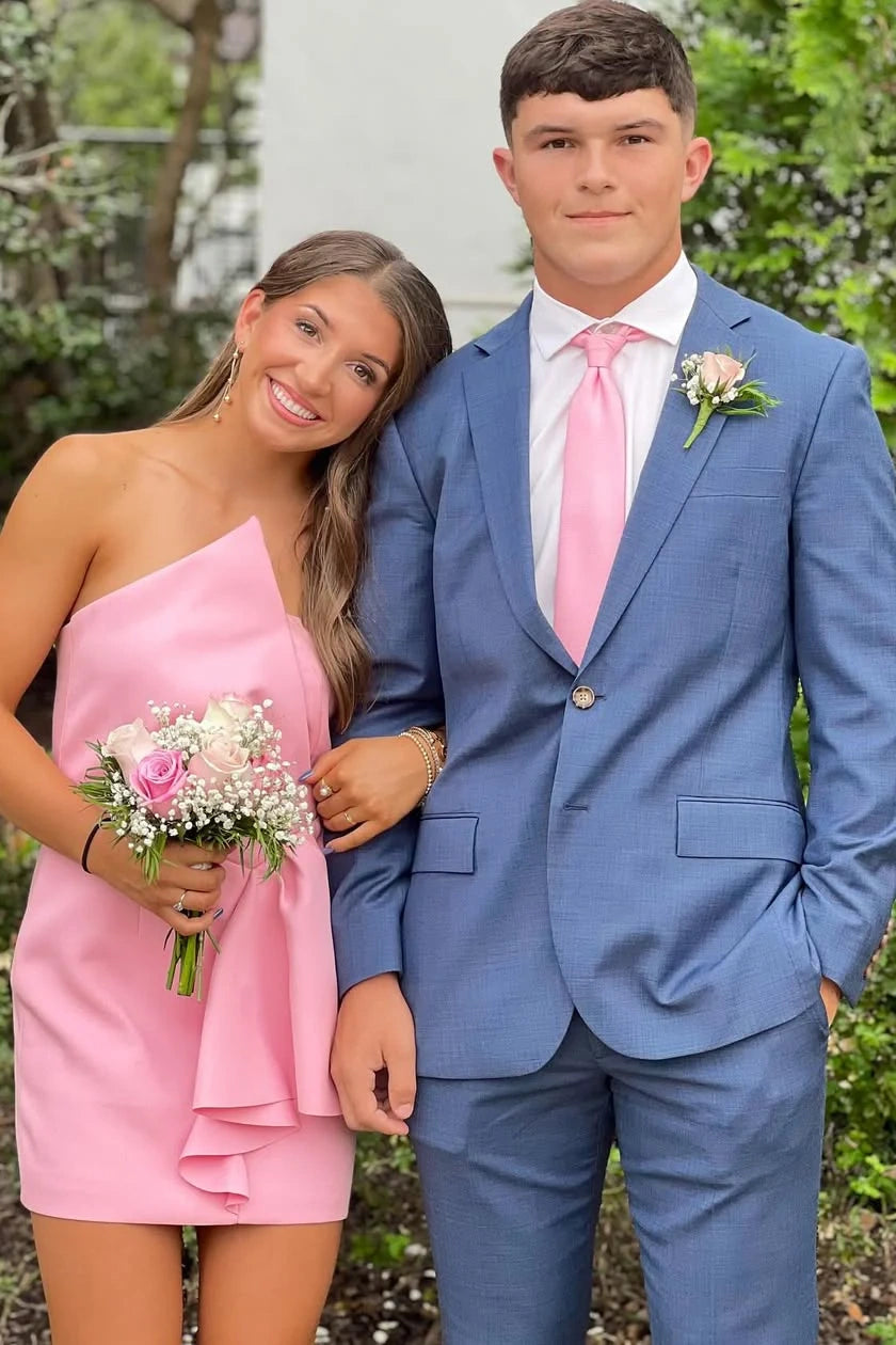 Pink Satin Fitted Irregular Strapless Short Homecoming Dress