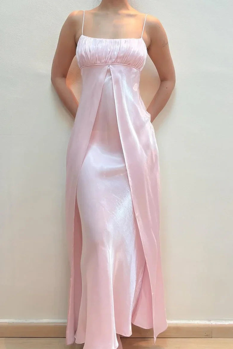 Pink Satin Fitted Square Sleeveless Zipper Maxi Party Prom Dress