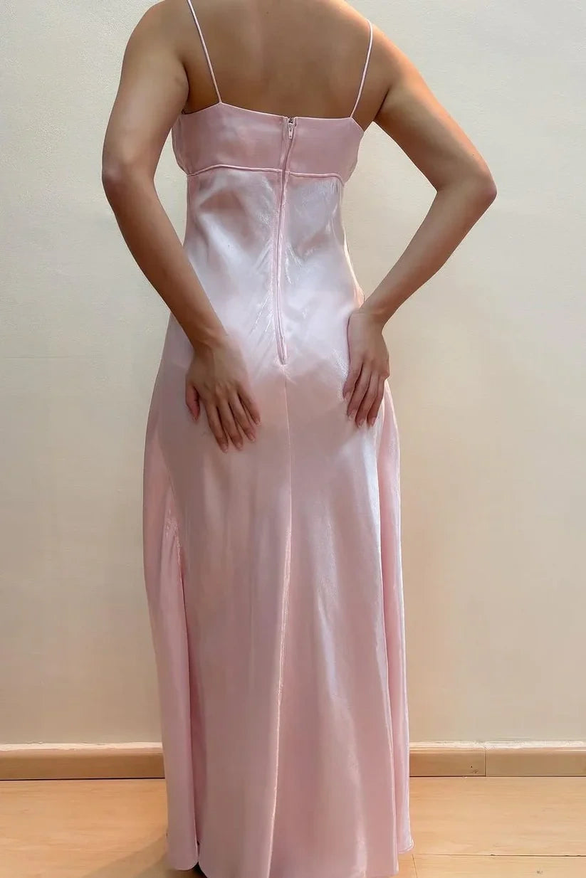 Pink Satin Fitted Square Sleeveless Zipper Maxi Party Prom Dress