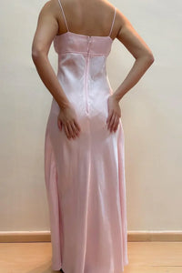 Pink Satin Fitted Square Sleeveless Zipper Maxi Party Prom Dress