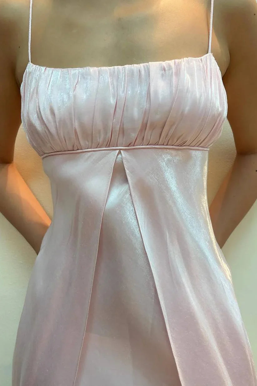 Pink Satin Fitted Square Sleeveless Zipper Maxi Party Prom Dress