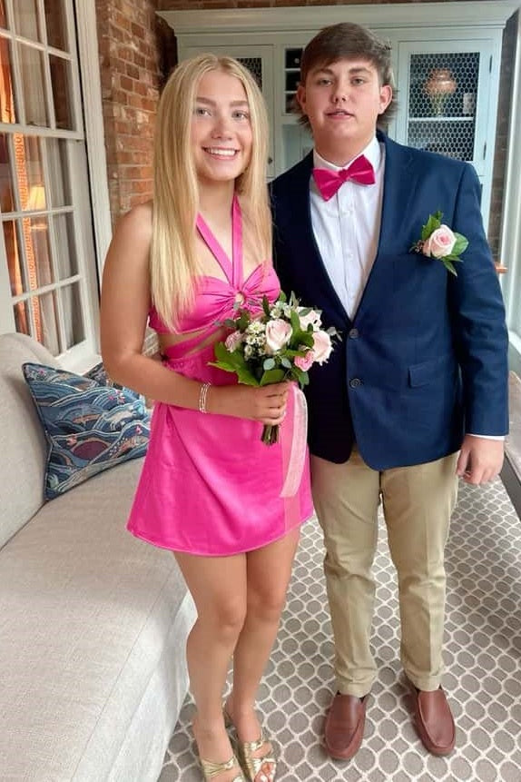 Pink Satin Halter Sleeveless Empire Mini Homecoming Dress