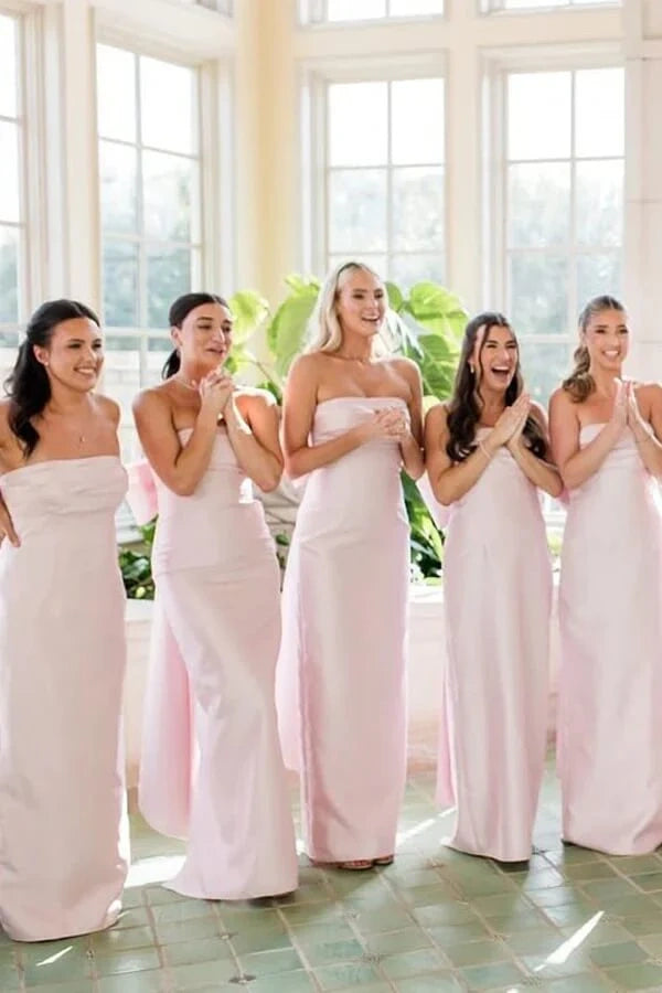 Pink Satin Strapless Maxi Bridesmaid Dress With Bow And Slit 