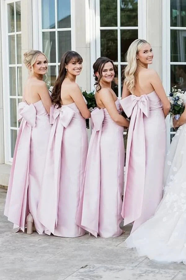 Pink Satin Strapless Maxi Bridesmaid Dress With Bow And Slit 