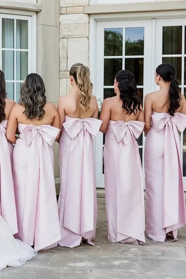 Pink Satin Strapless Maxi Bridesmaid Dress With Bow And Slit 