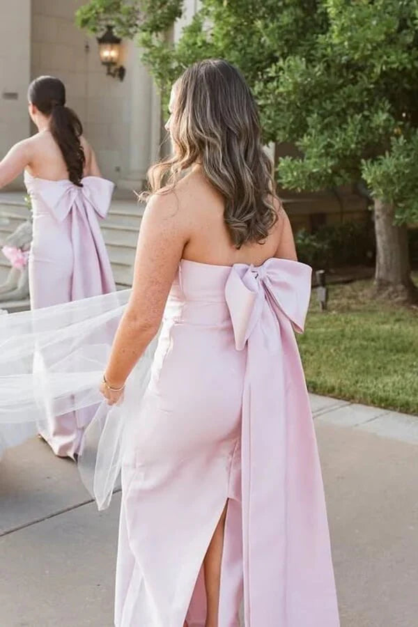 Pink Satin Strapless Maxi Bridesmaid Dress With Bow And Slit 