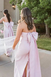 Pink Satin Strapless Maxi Bridesmaid Dress With Bow And Slit 