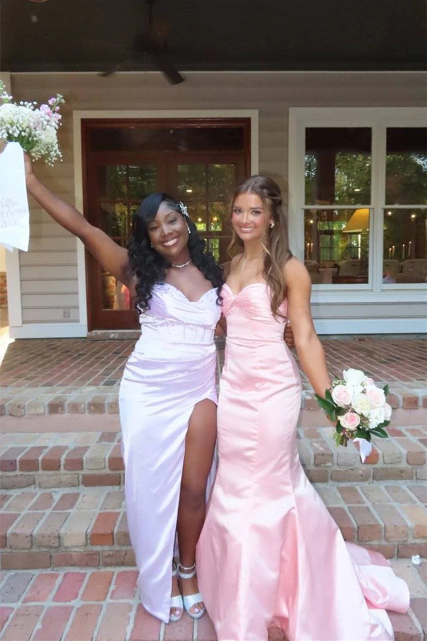 Pink Satin Sweetheart Strapless Mermaid Party Prom Dress 