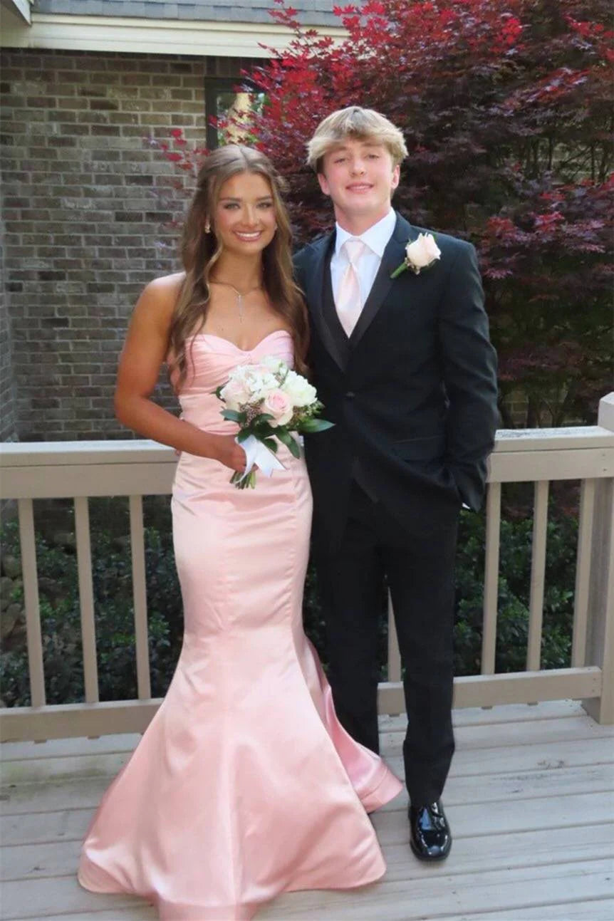 Pink Satin Sweetheart Strapless Mermaid Party Prom Dress 