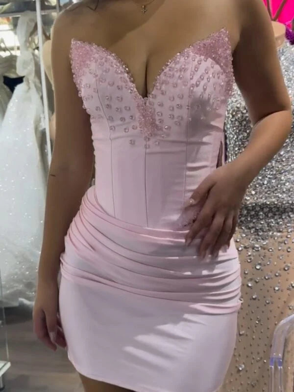 Pink Satin V-Neck Strapless Pearl Ruched Empire Homecoming Dress
