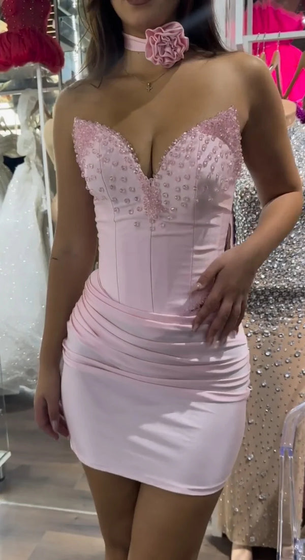 Pink Satin V-Neck Strapless Pearl Ruched Empire Homecoming Dress