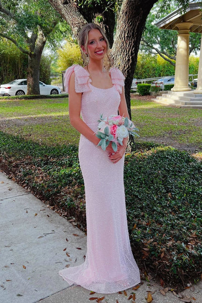 Pink Sequin Bateau Bows Straps Mermaid Party Prom Dress With Slit
