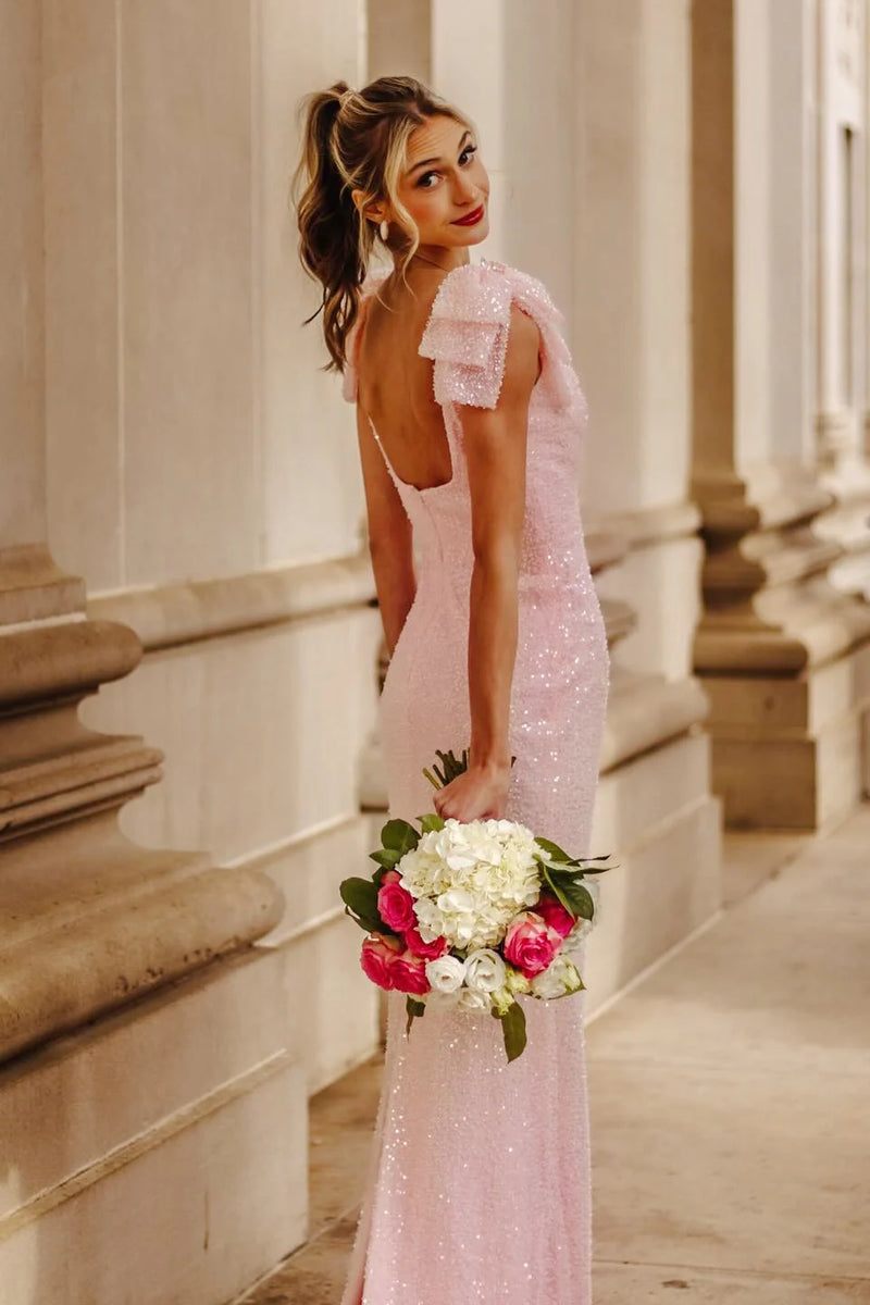 Pink Sequin Bateau Bows Straps Mermaid Party Prom Dress With Slit