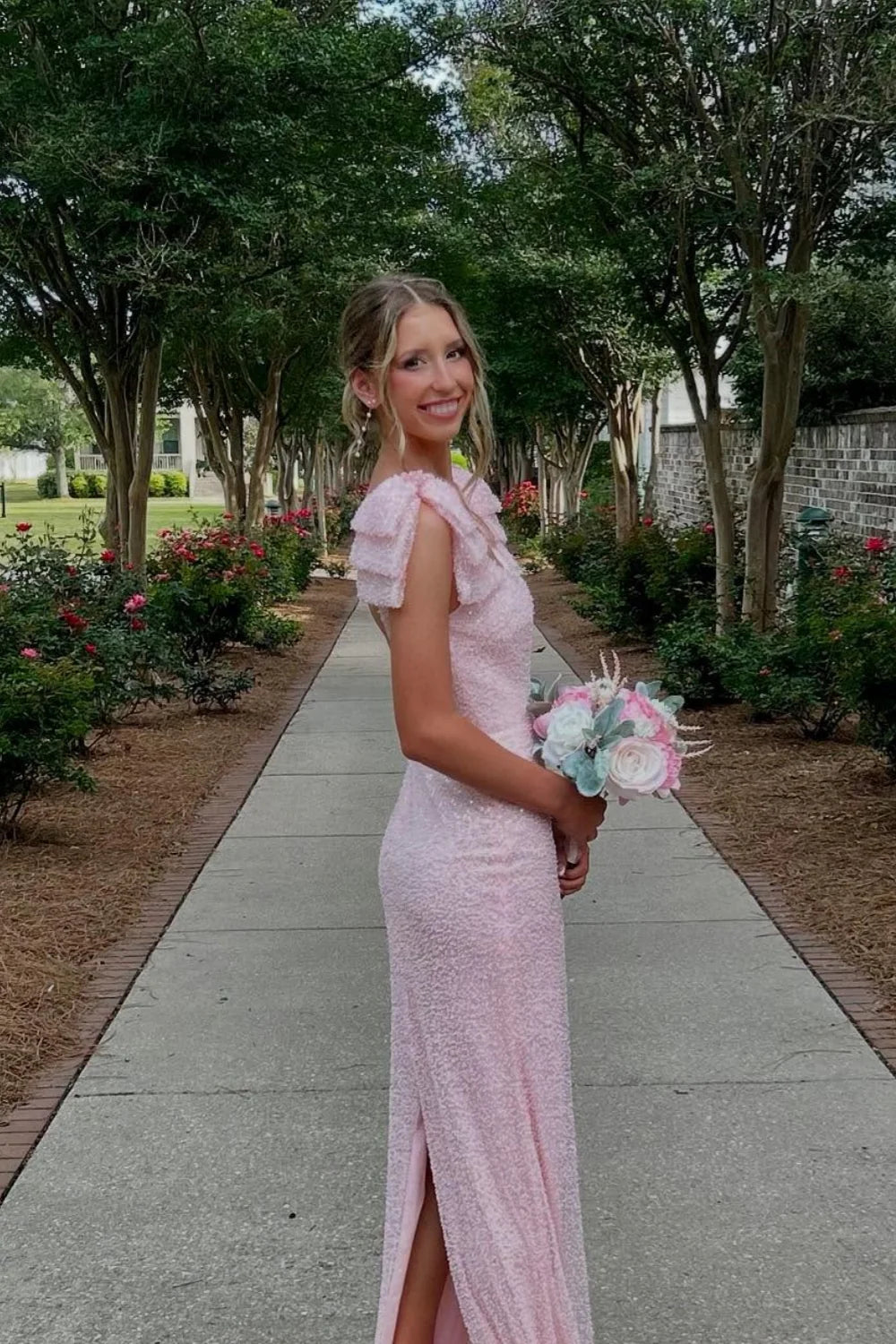 Pink Sequin Bateau Bows Straps Mermaid Party Prom Dress With Slit