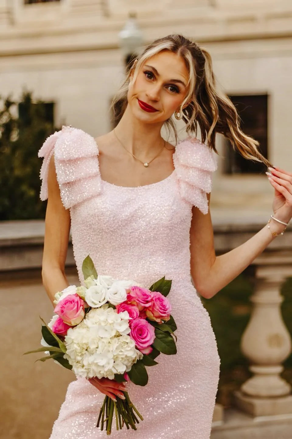 Pink Sequin Bateau Bows Straps Mermaid Party Prom Dress With Slit