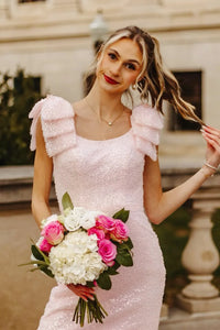 Pink Sequin Bateau Bows Straps Mermaid Party Prom Dress With Slit