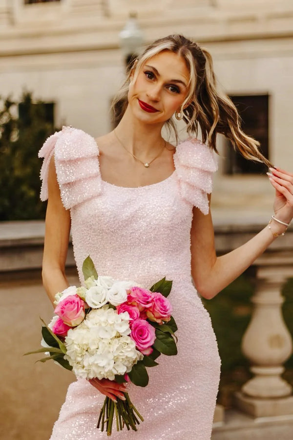 Pink Sequin Bateau Bows Straps Mermaid Party Prom Dress With Slit