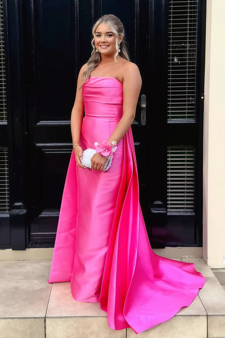 Pink Sheath Empire Strapless Party Prom Dress With Train