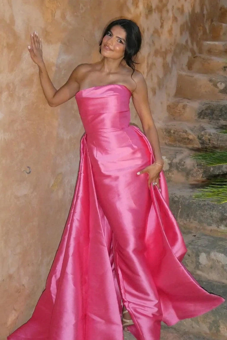Pink Sheath Empire Strapless Party Prom Dress With Train
