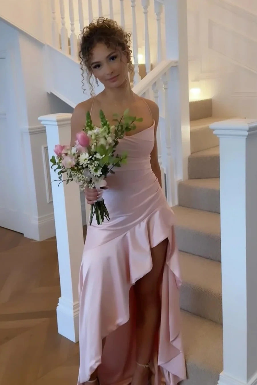 Pink Spaghetti Straps Ruffle High Slit Satin Party Prom Dress