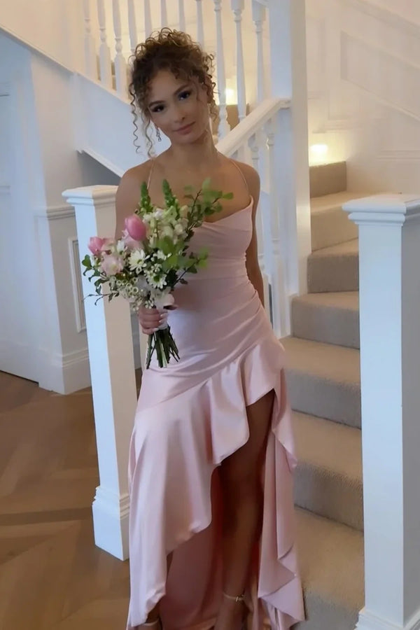 Pink Spaghetti Straps Ruffle High Slit Satin Party Prom Dress