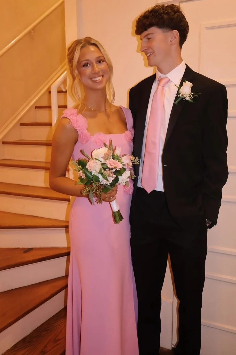 Pink Square Satin Straps 3D Floral Party Prom Dress With Leg Slit