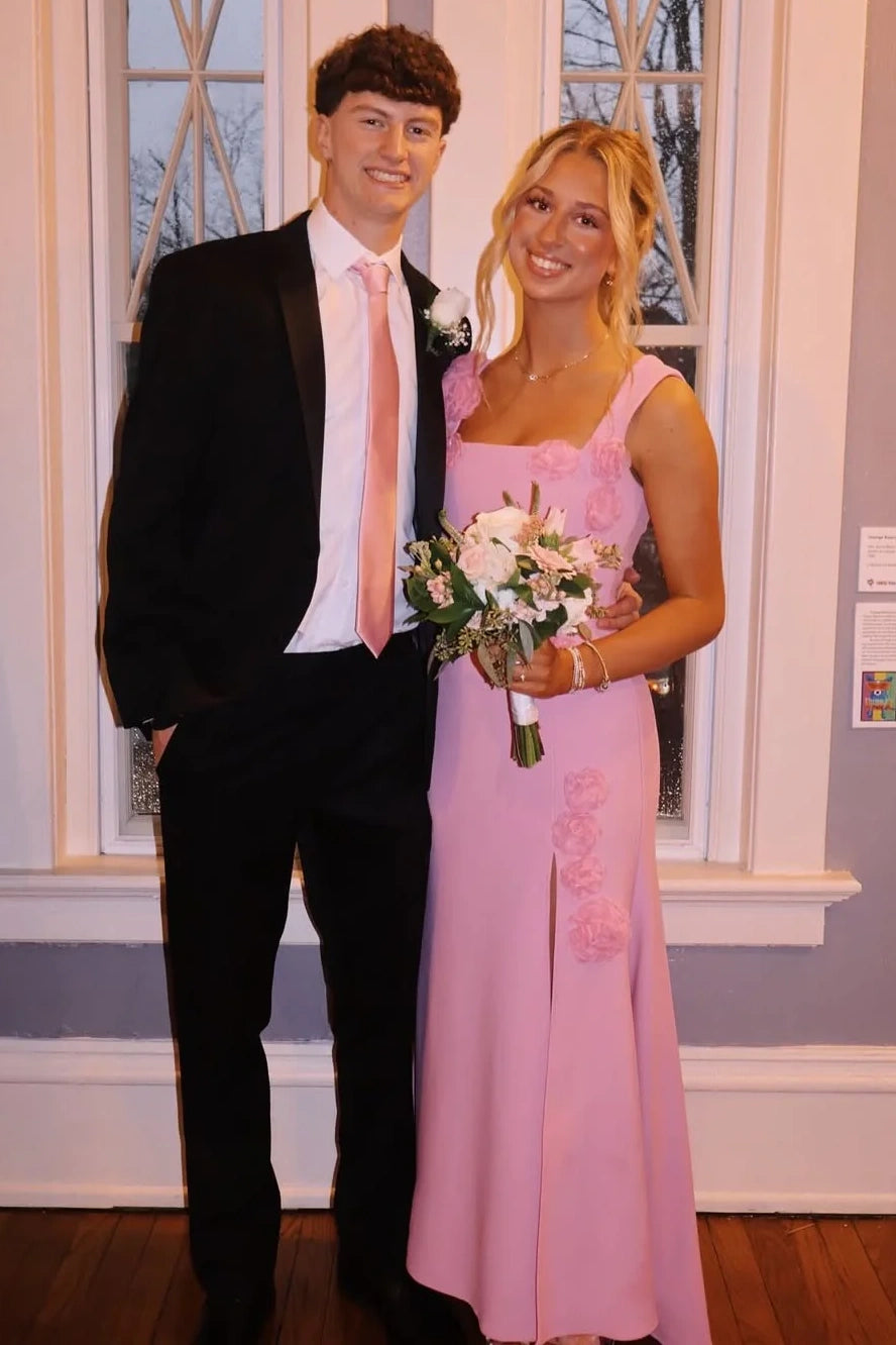 Pink Square Satin Straps 3D Floral Party Prom Dress With Leg Slit