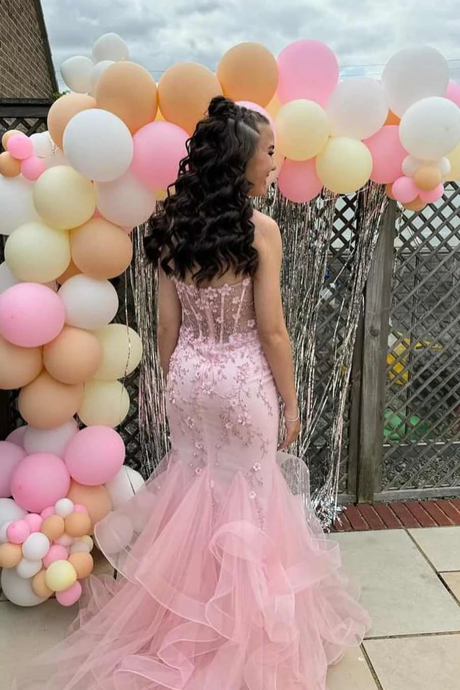 Mermaid Sweetheart Strapless Lace And Tulle Tiered Party Prom Dress