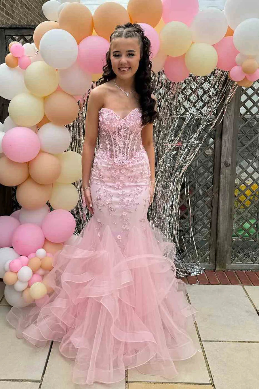 Mermaid Sweetheart Strapless Lace And Tulle Tiered Party Prom Dress