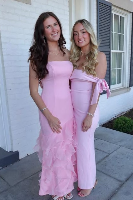 Pink Strapless Sleeveless Chiffon Ruffle Satin Party Prom Dress