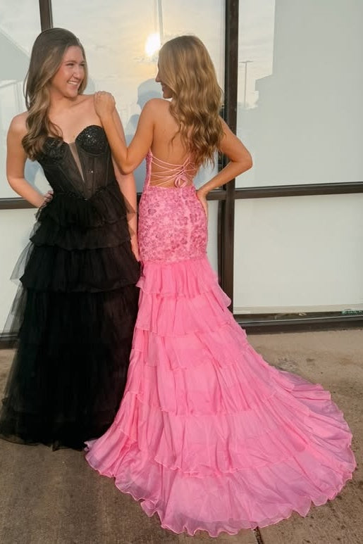 Pink Sweetheart Lace-Up Mermaid Two Tone Party Prom Dress