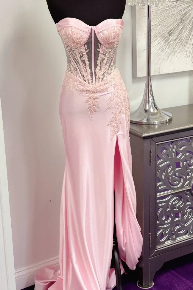 Pink Sweetheart Sleeveless Satin Appliques Mermaid Party Prom Dress