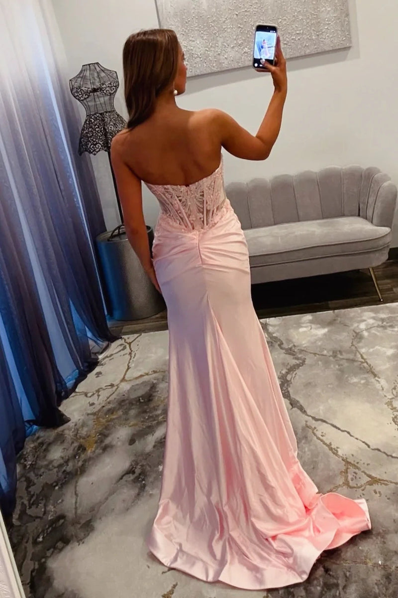Pink Sweetheart Sleeveless Satin Appliques Mermaid Party Prom Dress