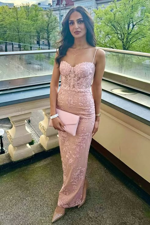 Pink Sweetheart Spaghetti Straps Lace Sheath Party Prom Dress
