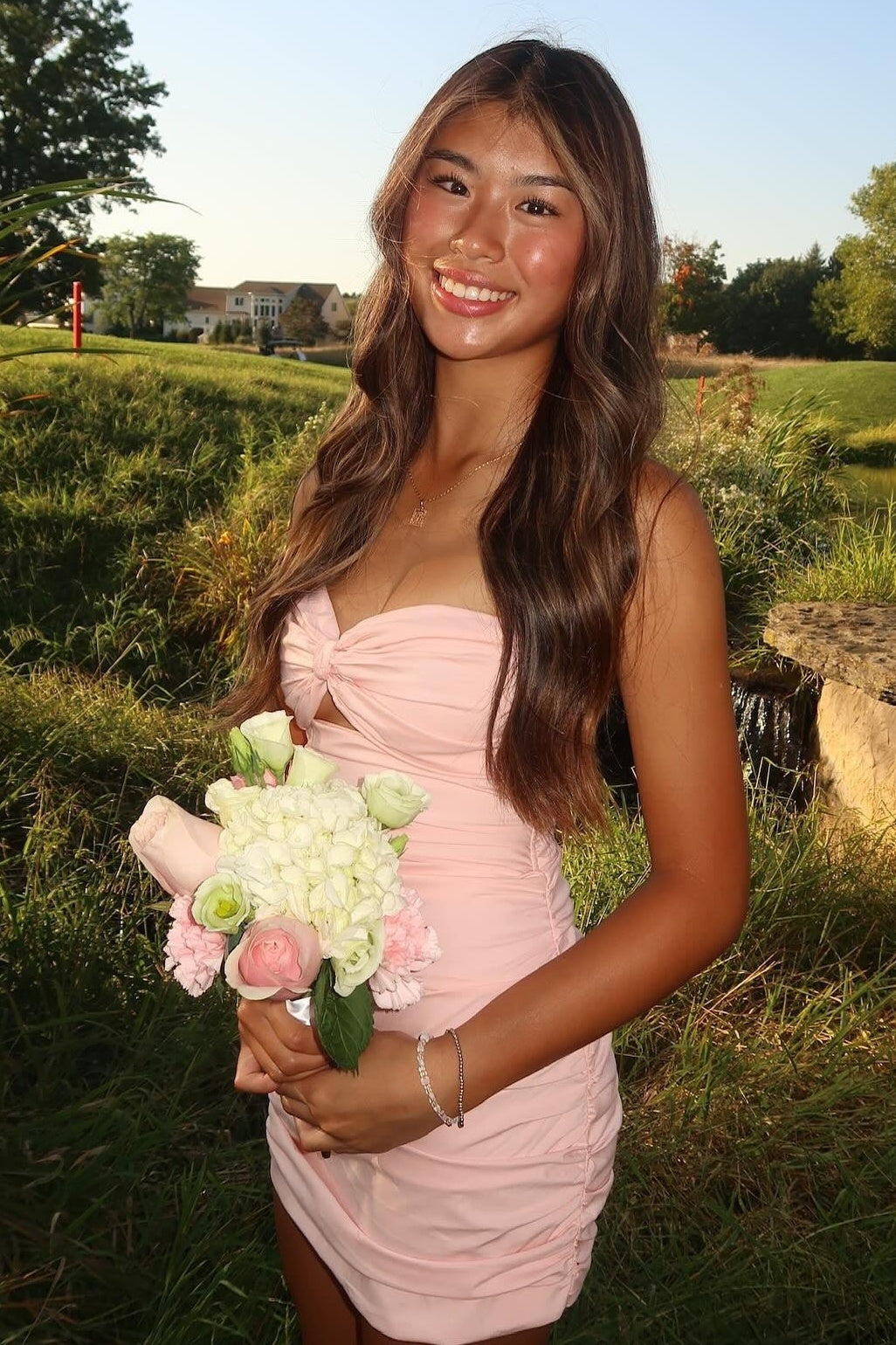 Pink Sweetheart Strapless Fitted Ruched Satin Homecoming Dress
