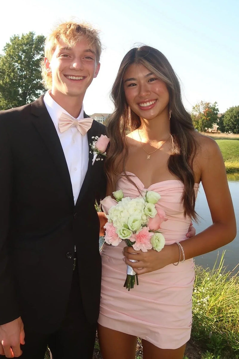Pink Sweetheart Strapless Fitted Ruched Satin Homecoming Dress