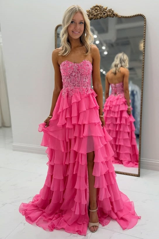 Pink Sweetheart Strapless High Waist Tiered A-Line Party Prom Dress
