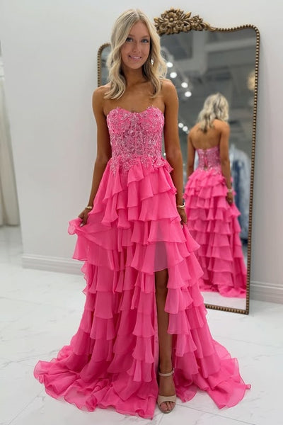 Pink Sweetheart Strapless High Waist Tiered A-Line Party Prom Dress