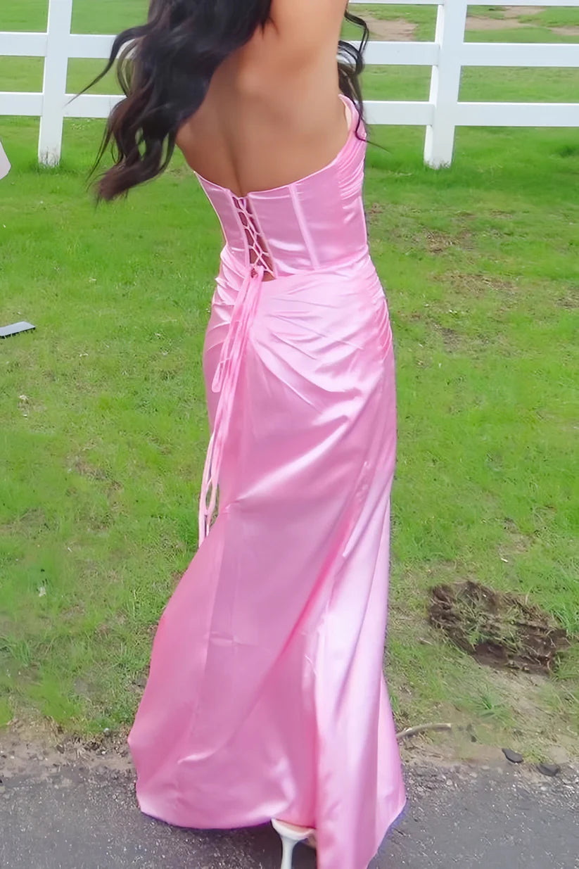 Pink Sweetheart Strapless Lace-Up Maxi Satin Party Prom Dress