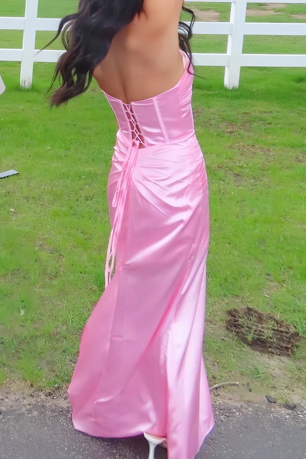 Pink Sweetheart Strapless Lace-Up Maxi Satin Party Prom Dress