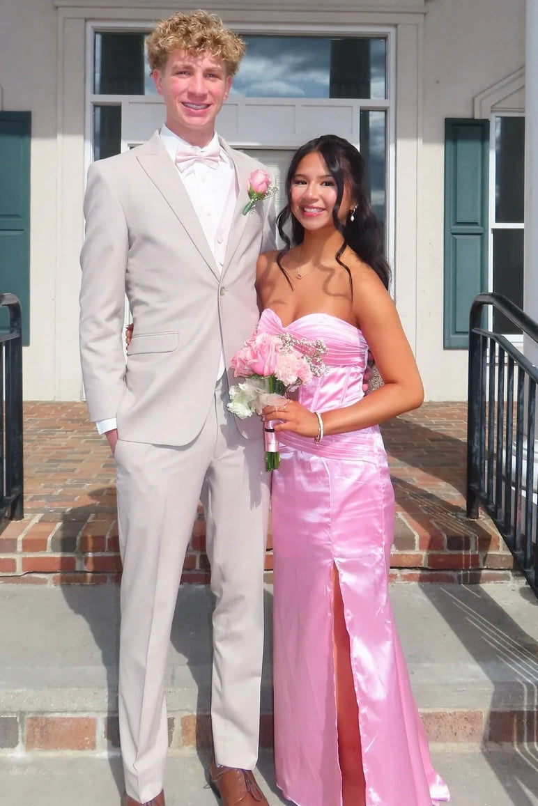 Pink Sweetheart Strapless Lace-Up Maxi Satin Party Prom Dress