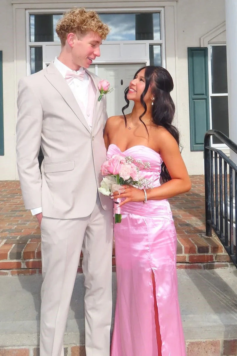 Pink Sweetheart Strapless Lace-Up Maxi Satin Party Prom Dress