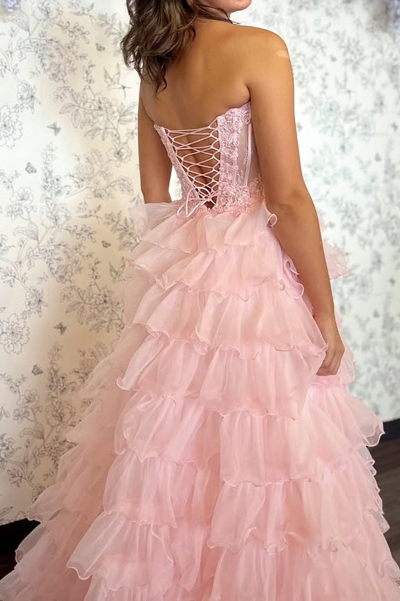 Pink Sweetheart Strapless Tiered Tulle A-Line Formal Party Prom Dress