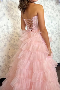 Pink Sweetheart Strapless Tiered Tulle A-Line Formal Party Prom Dress