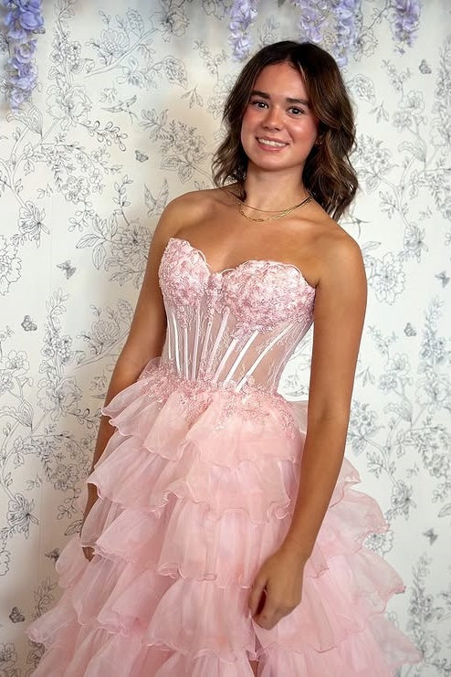 Pink Sweetheart Strapless Tiered Tulle A-Line Formal Party Prom Dress