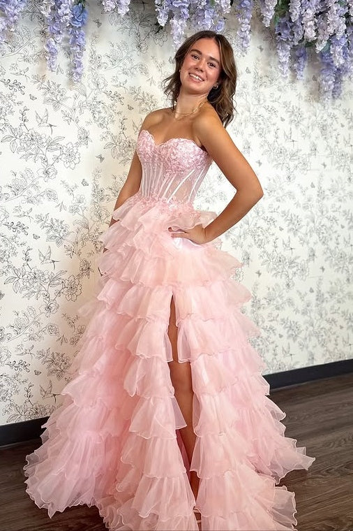Pink Sweetheart Strapless Tiered Tulle A-Line Formal Party Prom Dress