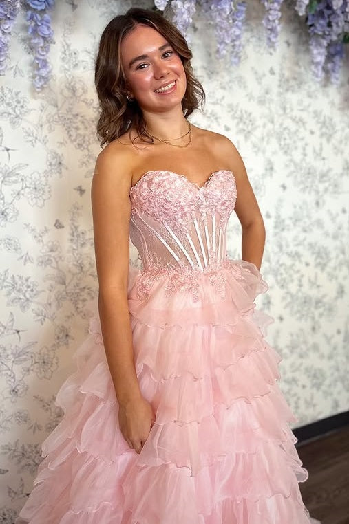 Pink Sweetheart Strapless Tiered Tulle A-Line Formal Party Prom Dress