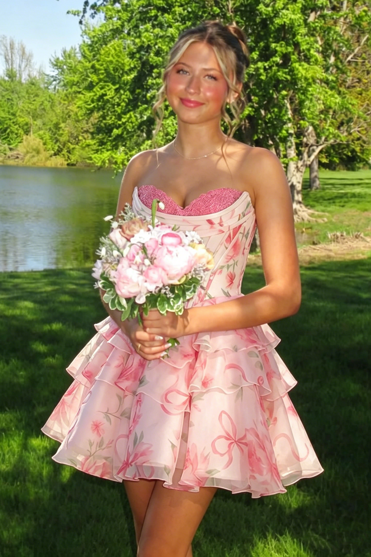 Pink Sweetheart Sleeveless Chiffon A-Line Floral Party Homecoming Dress